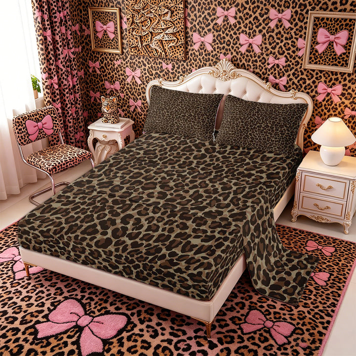 Meiyoeat Classic Leopard Print King Sheets 4pcs, Wild Animal Spot Pattern Bedding, Brown Black