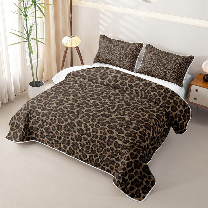 Meiyoeat Classic Leopard Print Quilt King,Wild Animal Spot Pattern King Coverlet Set,Brown Black