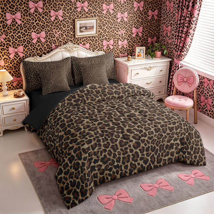 Meiyoeat Classic Leopard Print King Bedding 7pcs, Wild Animal Spot Pattern King Bed in a Bag, Brown Black,Black Reversible