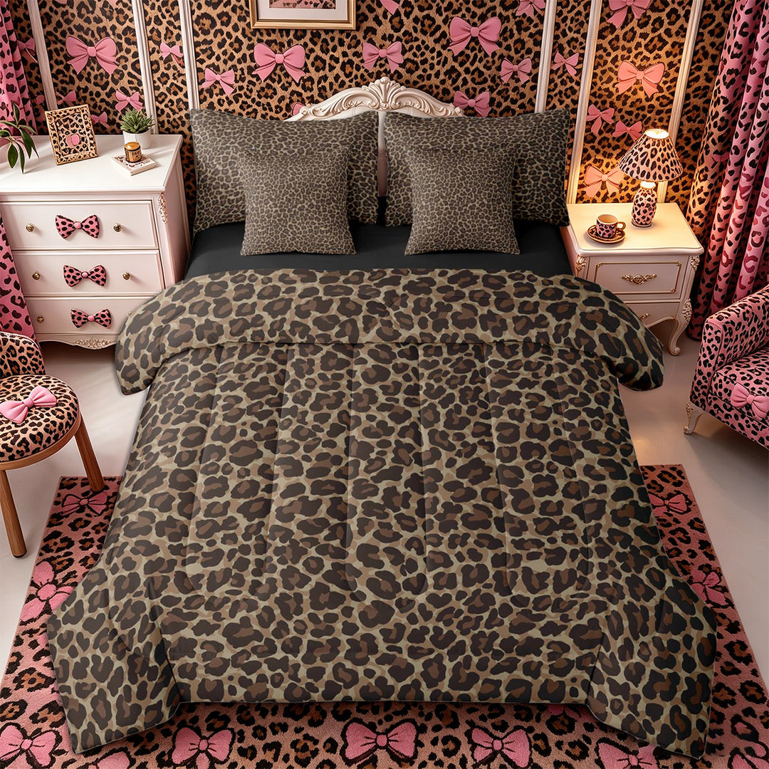 Meiyoeat Classic Leopard Print King Bedding 7pcs, Wild Animal Spot Pattern King Bed in a Bag, Brown Black,Black Reversible
