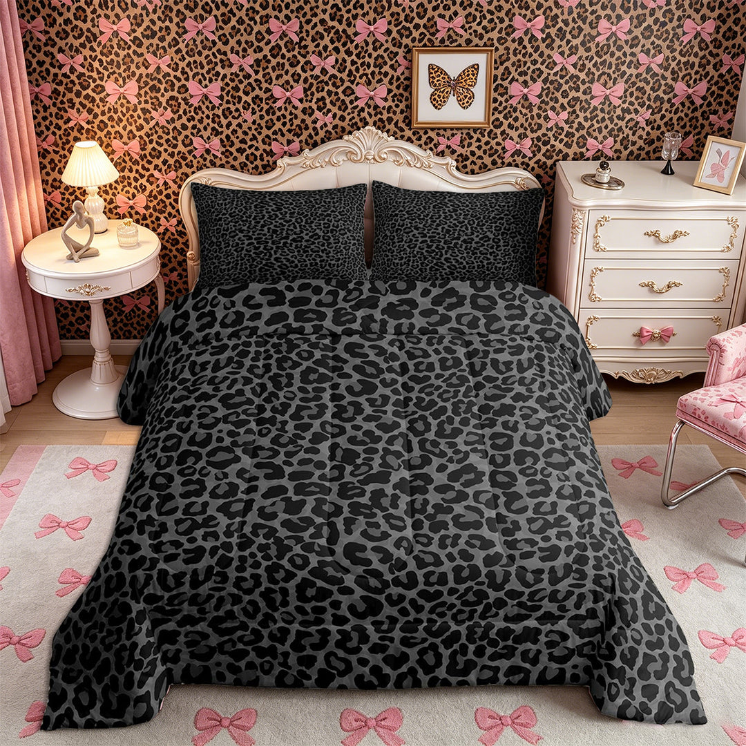 Meiyoeat Neutral Leopard Print King Size Comforter Sets 3pcs, Monochrome Spot Pattern Comforters King Size, Gray Black,Black Reversible