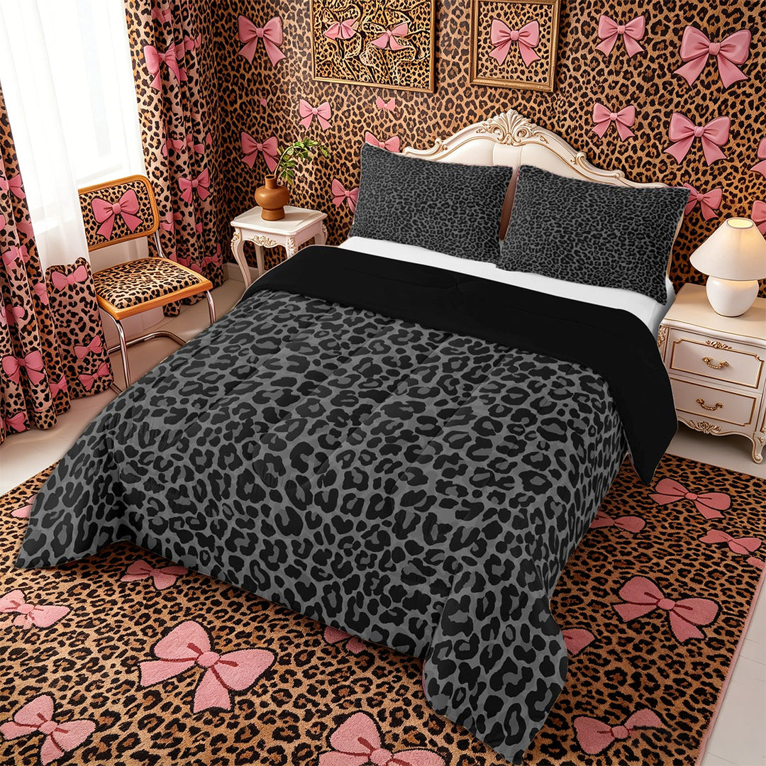 Meiyoeat Neutral Leopard Print King Size Comforter Sets 3pcs, Monochrome Spot Pattern Comforters King Size, Gray Black,Black Reversible