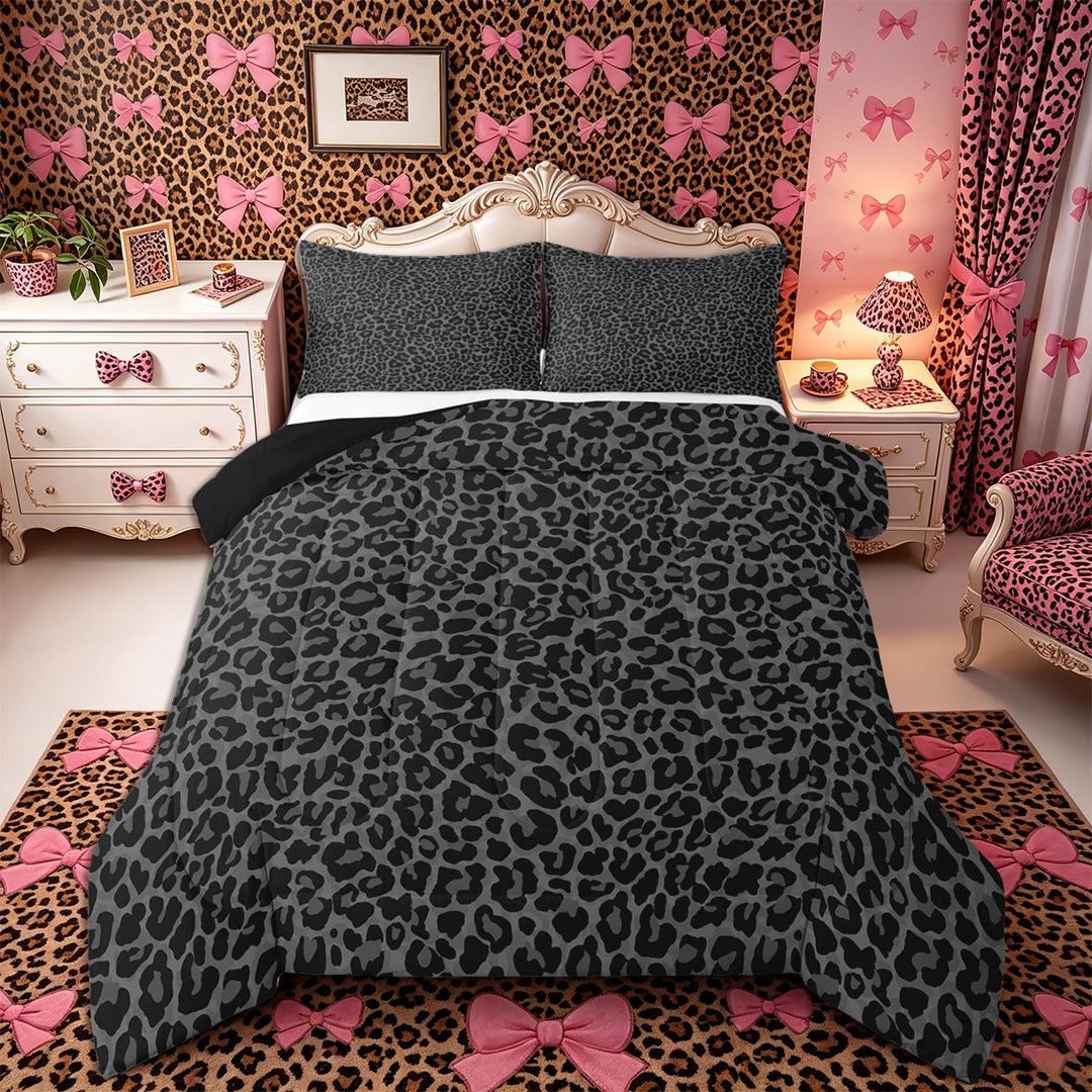 Meiyoeat Neutral Leopard Print King Size Comforter Sets 3pcs, Monochrome Spot Pattern Comforters King Size, Gray Black,Black Reversible
