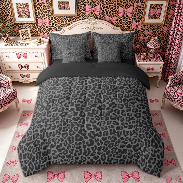 Meiyoeat Neutral Leopard Print King Bedding 7pcs, Monochrome Spot Pattern King Bed in a Bag, Gray Black,Black Reversible