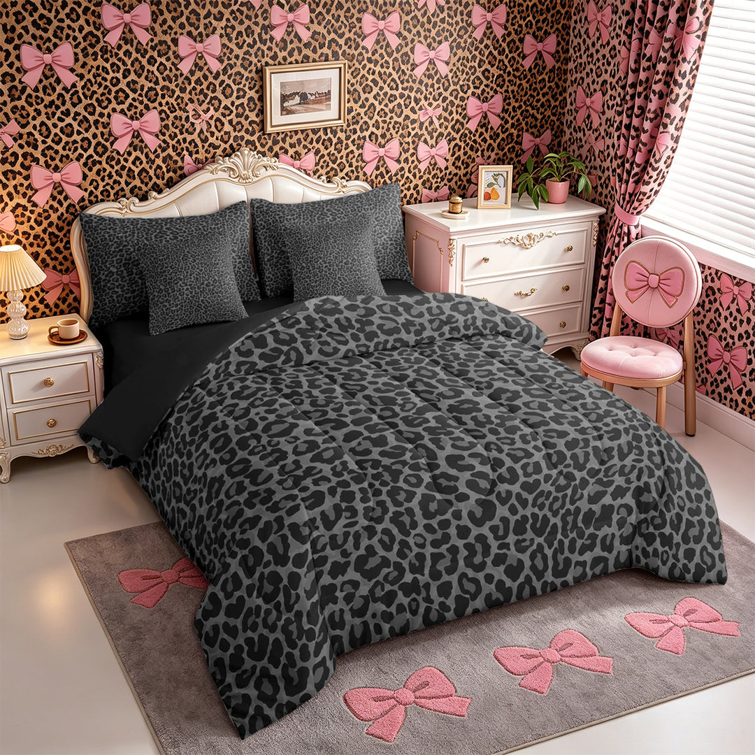 Meiyoeat Neutral Leopard Print King Bedding 7pcs, Monochrome Spot Pattern King Bed in a Bag, Gray Black,Black Reversible