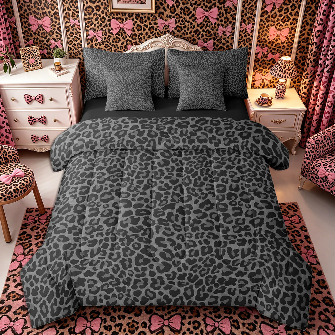 Meiyoeat Neutral Leopard Print King Bedding 7pcs, Monochrome Spot Pattern King Bed in a Bag, Gray Black,Black Reversible