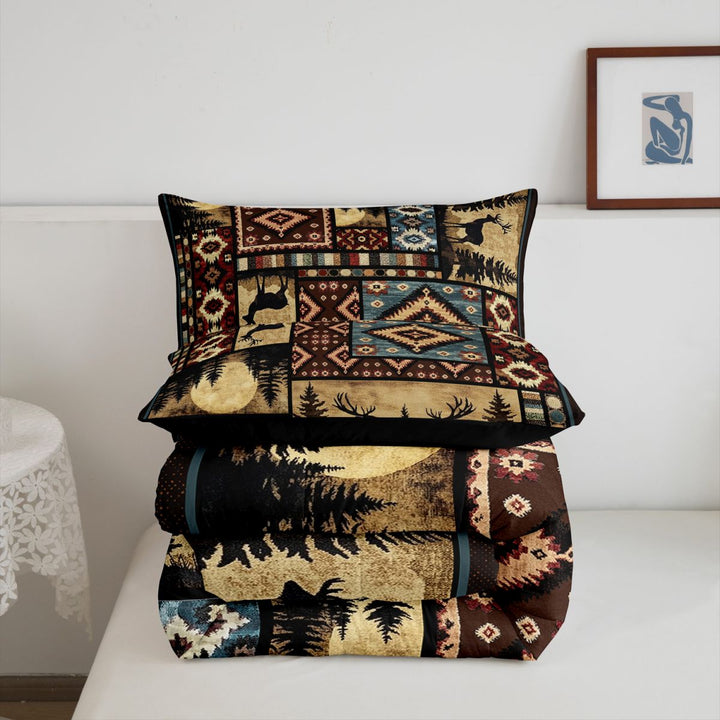 meiyoeat Southwestern Bear Deer King Size Comforter Sets,Bohemian Exotic Style Aztec Geometric Comforters King Size For Boys Kids,Black Reversible,3 Pieces