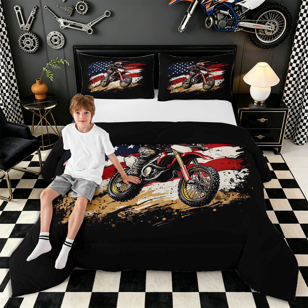 Meiyoeat Patriotic Dirt Bike Full Size Comforter Sets 3-Piece for Men, USA Flag Print Bedding Comforter Set, Red Black,Black Reversible