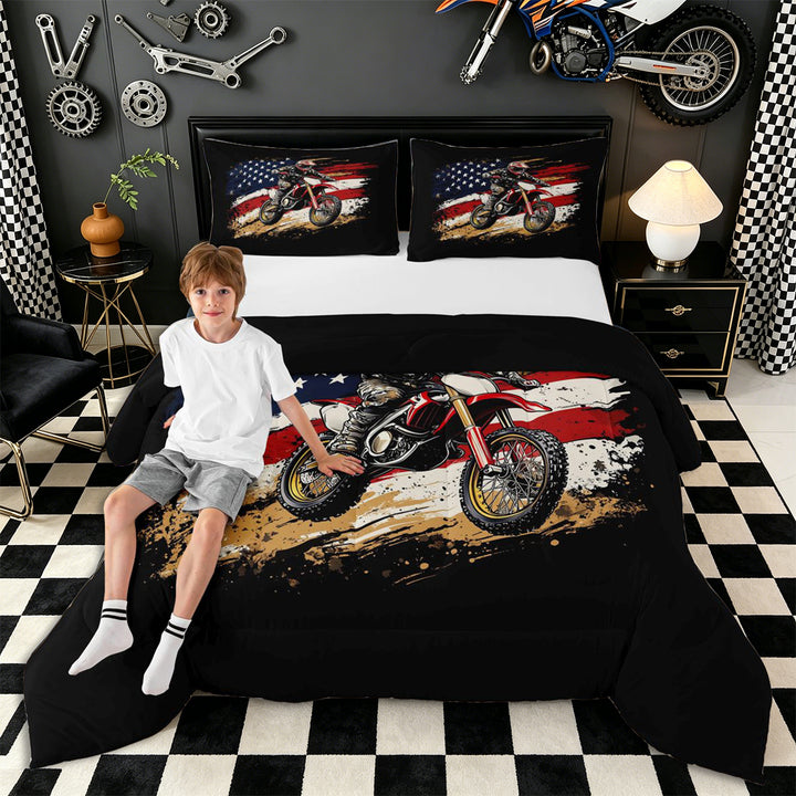 Meiyoeat Patriotic Dirt Bike Full Size Comforter Sets 3-Piece for Men, USA Flag Print Bedding Comforter Set, Red Black,Black Reversible
