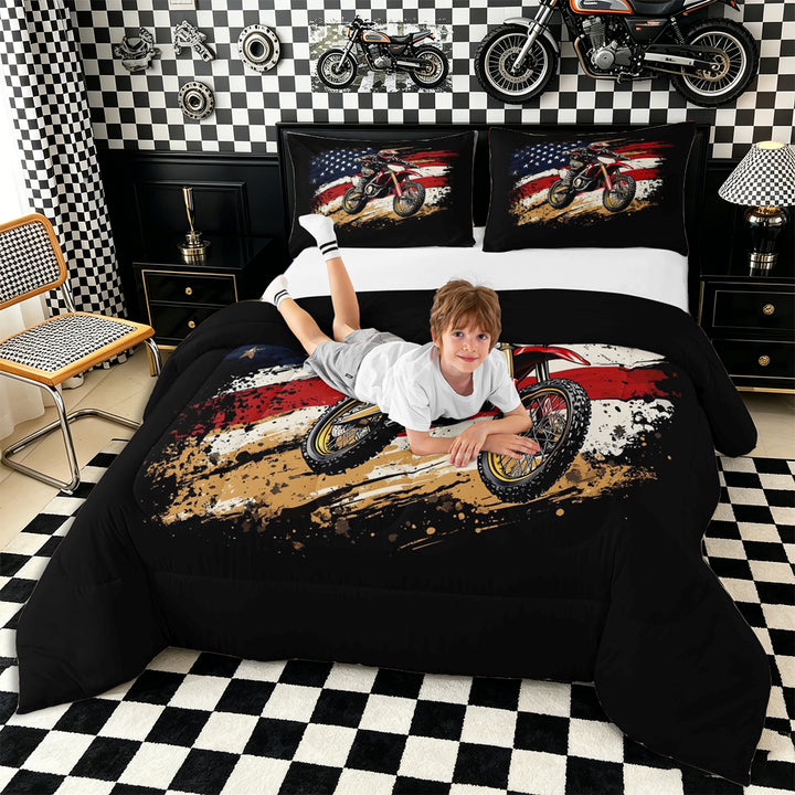 Meiyoeat Patriotic Dirt Bike Full Size Comforter Sets 3-Piece for Men, USA Flag Print Bedding Comforter Set, Red Black,Black Reversible