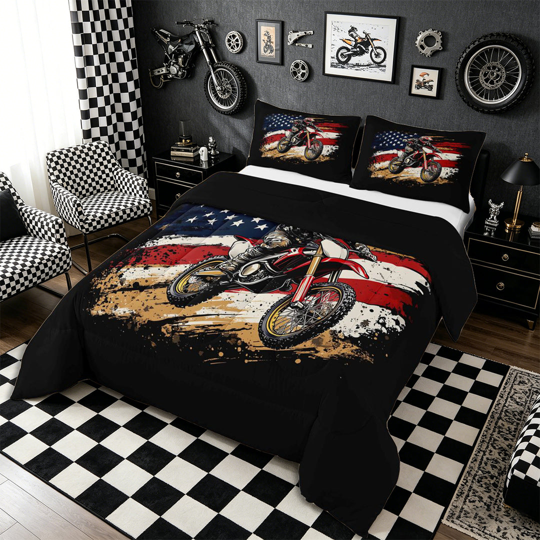 Meiyoeat Patriotic Dirt Bike Full Size Comforter Sets 3-Piece for Men, USA Flag Print Bedding Comforter Set, Red Black,Black Reversible