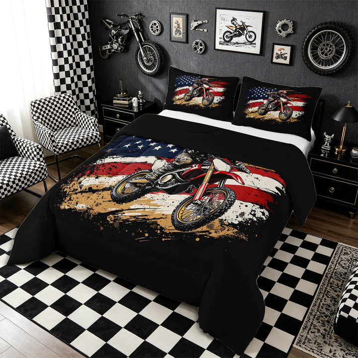 Meiyoeat Patriotic Dirt Bike Full Size Comforter Sets 3-Piece for Men, USA Flag Print Bedding Comforter Set, Red Black,Black Reversible