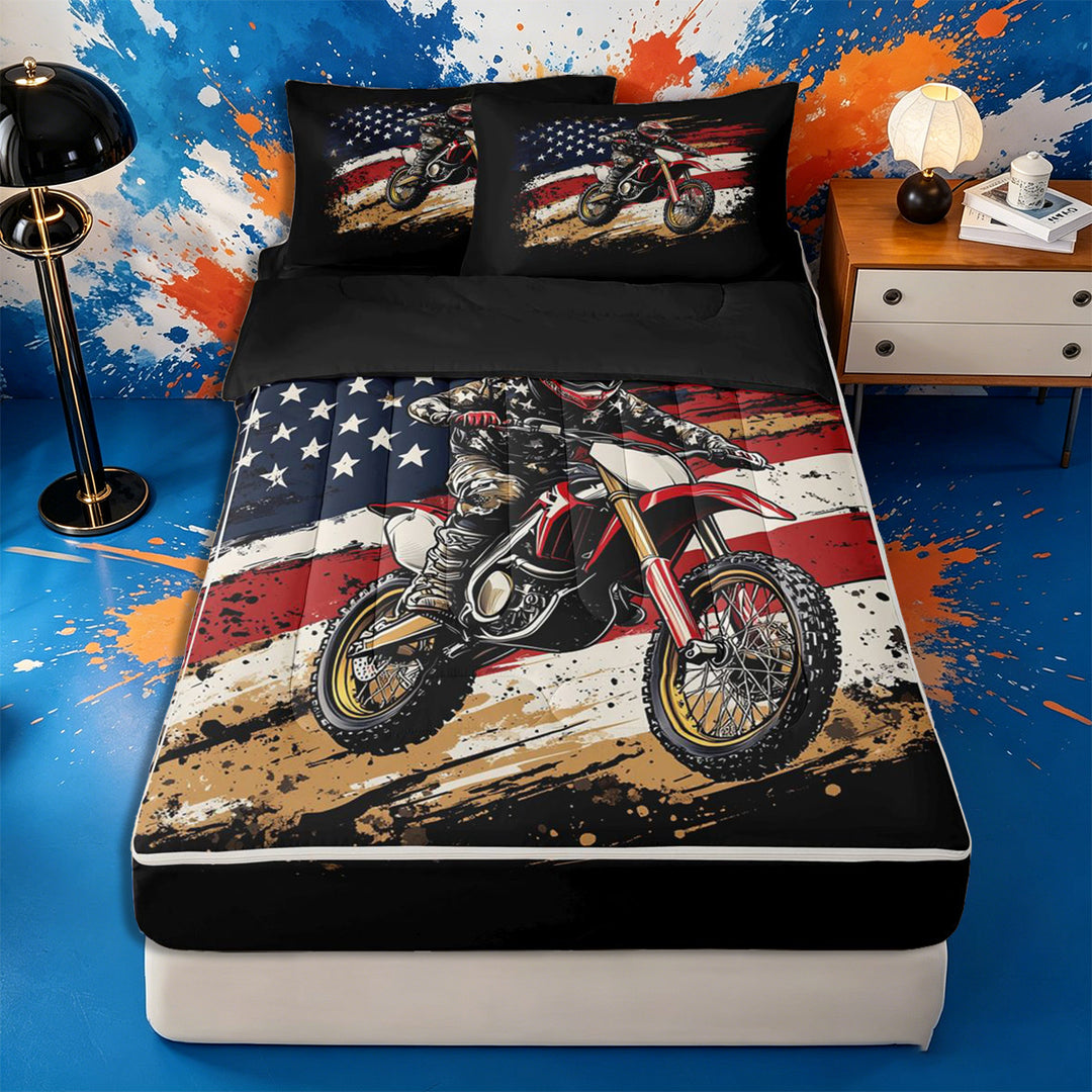 Meiyoeat Patriotic Dirt Bike Zipper Full Size Comforter Sets with Fitted Sheet and 2 Pillowcases for Men, USA Flag Print Zipper Bedding Set, Red Black,4pcs,Black Reversible