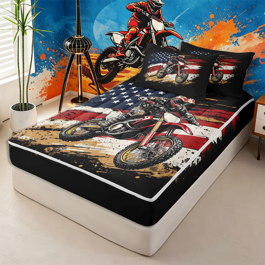 Meiyoeat Patriotic Dirt Bike Zipper Full Size Comforter Sets with Fitted Sheet and 2 Pillowcases for Men, USA Flag Print Zipper Bedding Set, Red Black,4pcs,Black Reversible