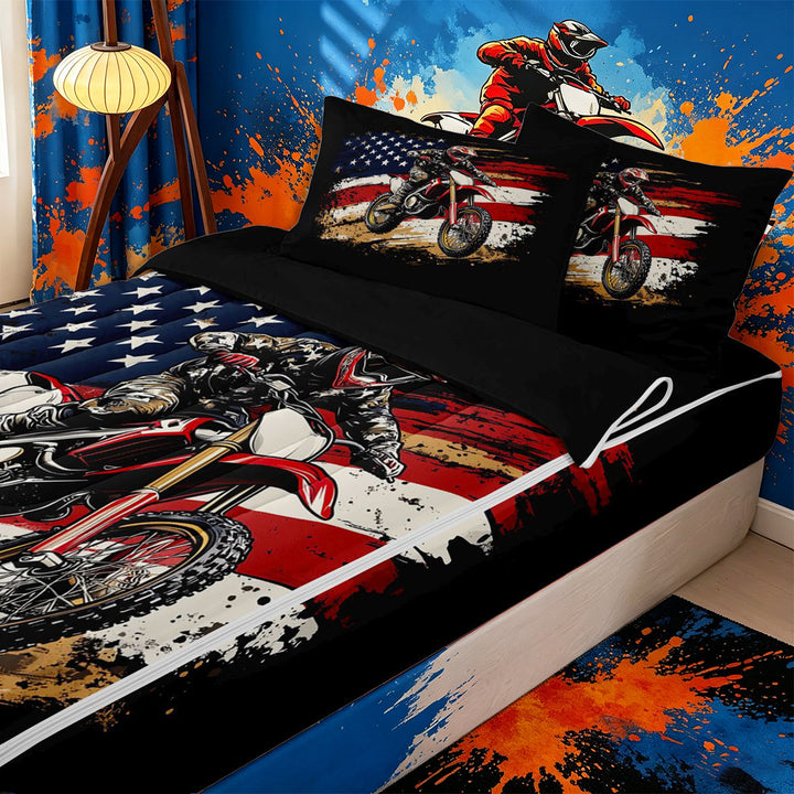 Meiyoeat Patriotic Dirt Bike Zipper Full Size Comforter Sets with Fitted Sheet and 2 Pillowcases for Men, USA Flag Print Zipper Bedding Set, Red Black,4pcs,Black Reversible