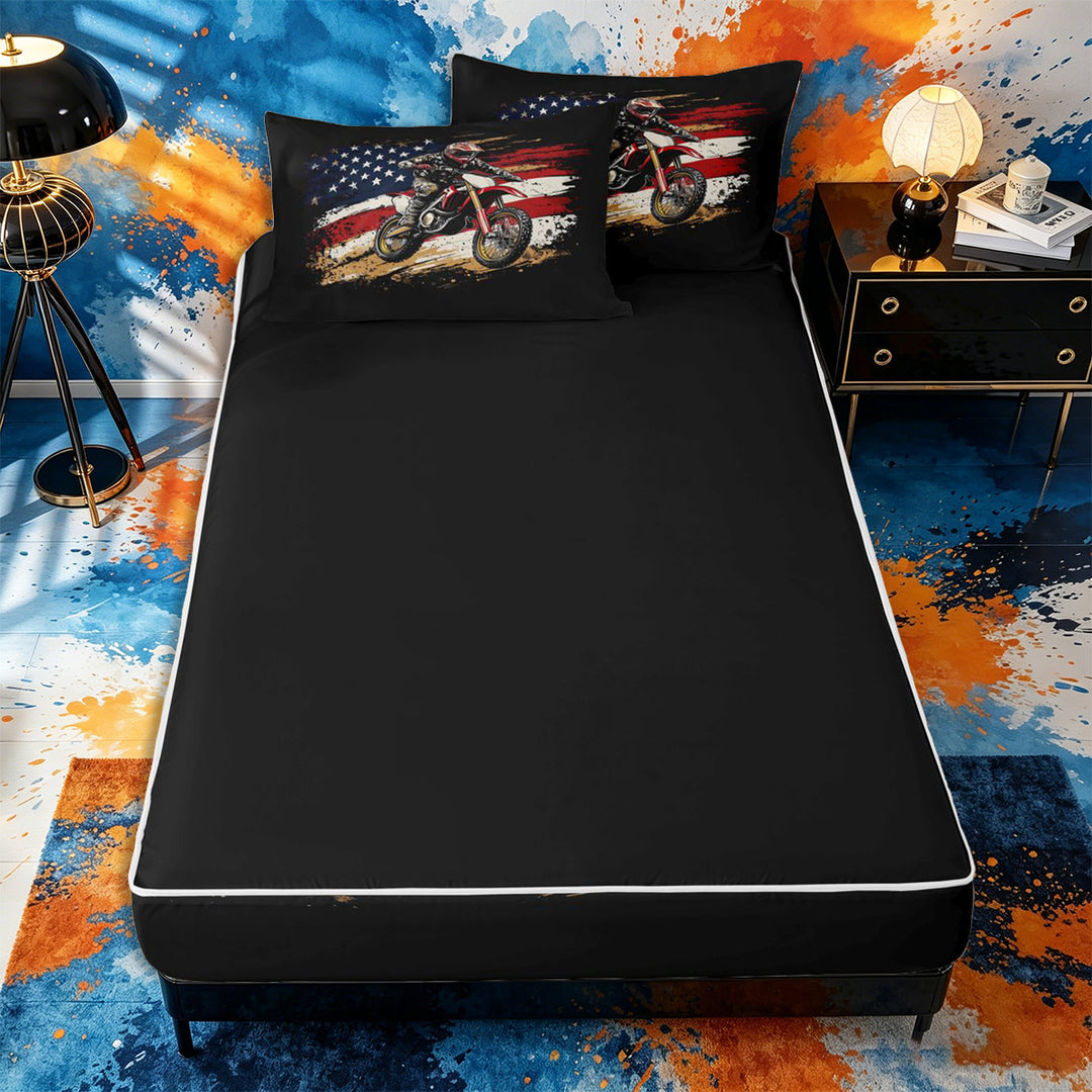 Meiyoeat Patriotic Dirt Bike Zipper Full Size Comforter Sets with Fitted Sheet and 2 Pillowcases for Men, USA Flag Print Zipper Bedding Set, Red Black,4pcs,Black Reversible