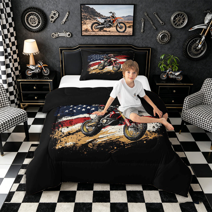 Meiyoeat Patriotic Dirt Bike Full Size Comforter Sets 3-Piece for Men, USA Flag Print Bedding Comforter Set, Red Black,Black Reversible