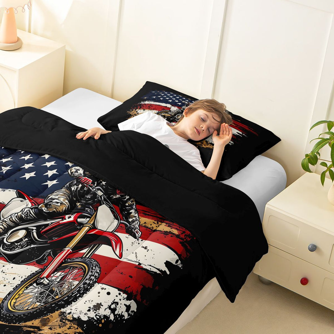Meiyoeat Patriotic Dirt Bike Full Size Comforter Sets 3-Piece for Men, USA Flag Print Bedding Comforter Set, Red Black,Black Reversible