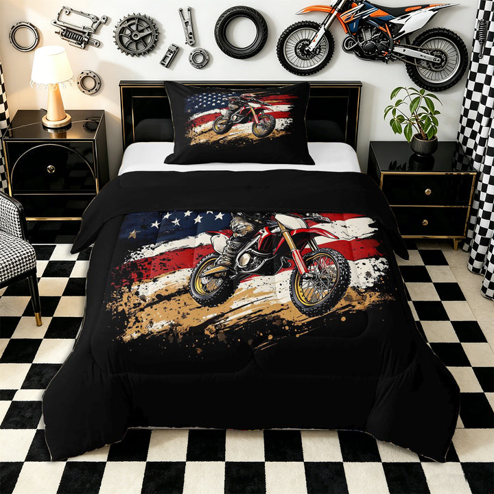 Meiyoeat Patriotic Dirt Bike Full Size Comforter Sets 3-Piece for Men, USA Flag Print Bedding Comforter Set, Red Black,Black Reversible