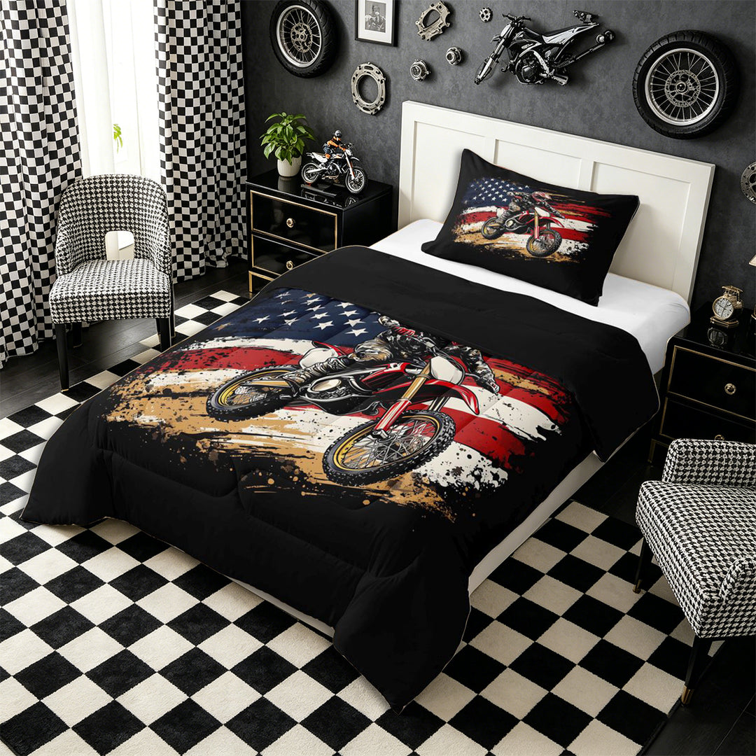 Meiyoeat Patriotic Dirt Bike Full Size Comforter Sets 3-Piece for Men, USA Flag Print Bedding Comforter Set, Red Black,Black Reversible