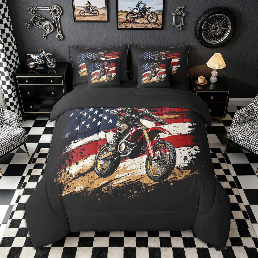 Meiyoeat Patriotic Dirt Bike Full Size Bedding Sets 7 Pieces for Men, USA Flag Print Full Size Bed in a Bag, Red Black,Black Reversible