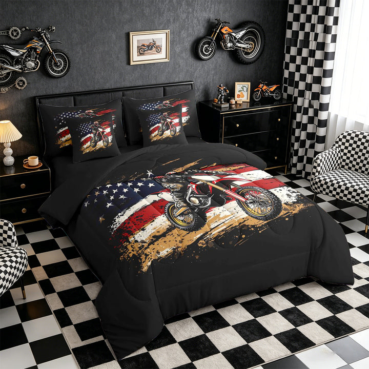 Meiyoeat Patriotic Dirt Bike Full Size Bedding Sets 7 Pieces for Men, USA Flag Print Full Size Bed in a Bag, Red Black,Black Reversible