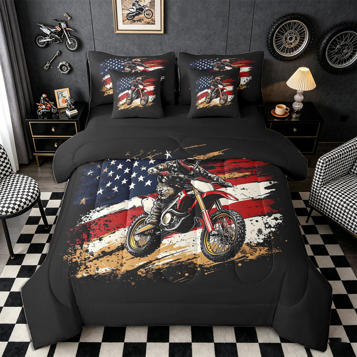 Meiyoeat Patriotic Dirt Bike Full Size Bedding Sets 7 Pieces for Men, USA Flag Print Full Size Bed in a Bag, Red Black,Black Reversible
