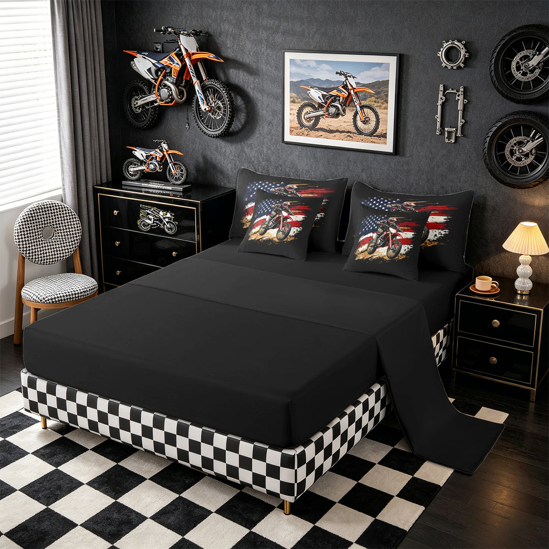 Meiyoeat Patriotic Dirt Bike Full Size Bedding Sets 7 Pieces for Men, USA Flag Print Full Size Bed in a Bag, Red Black,Black Reversible