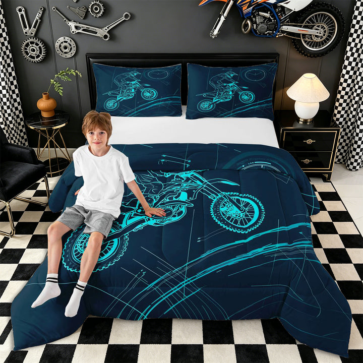 Meiyoeat Dirt Bike Full Size Comforter Sets 3-Piece, Extreme Sport Bedding Comforter Set for Bedroom, Black Blue,Black Reversible