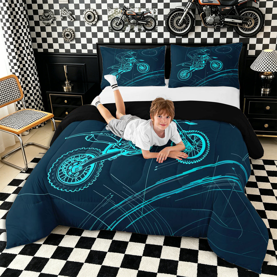 Meiyoeat Dirt Bike Full Size Comforter Sets 3-Piece, Extreme Sport Bedding Comforter Set for Bedroom, Black Blue,Black Reversible