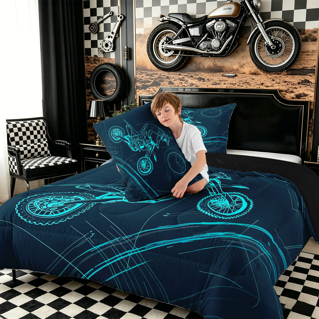 Meiyoeat Dirt Bike Full Size Comforter Sets 3-Piece, Extreme Sport Bedding Comforter Set for Bedroom, Black Blue,Black Reversible