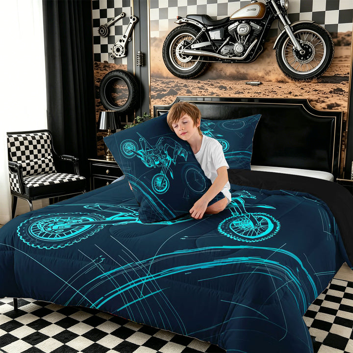 Meiyoeat Dirt Bike Full Size Comforter Sets 3-Piece, Extreme Sport Bedding Comforter Set for Bedroom, Black Blue,Black Reversible