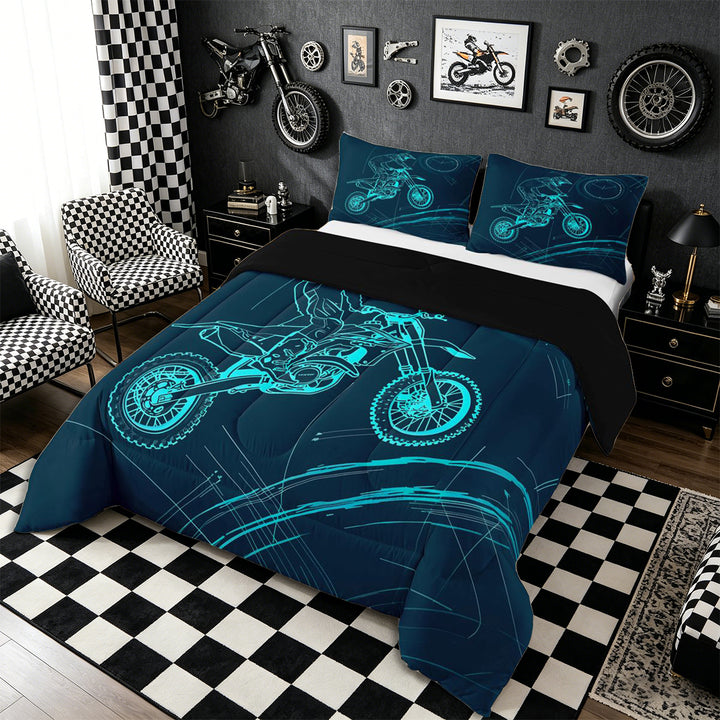Meiyoeat Dirt Bike Full Size Comforter Sets 3-Piece, Extreme Sport Bedding Comforter Set for Bedroom, Black Blue,Black Reversible