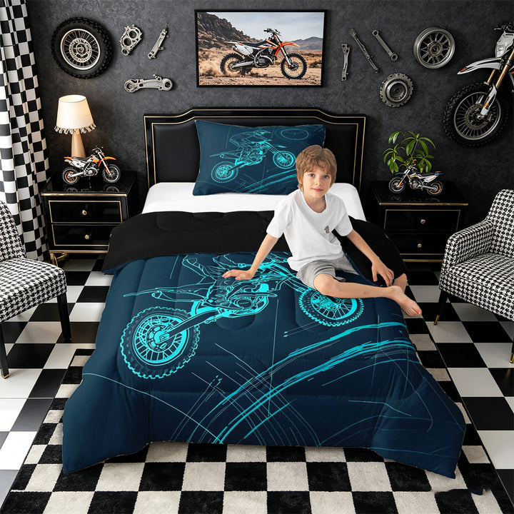 Meiyoeat Dirt Bike Full Size Comforter Sets 3-Piece, Extreme Sport Bedding Comforter Set for Bedroom, Black Blue,Black Reversible