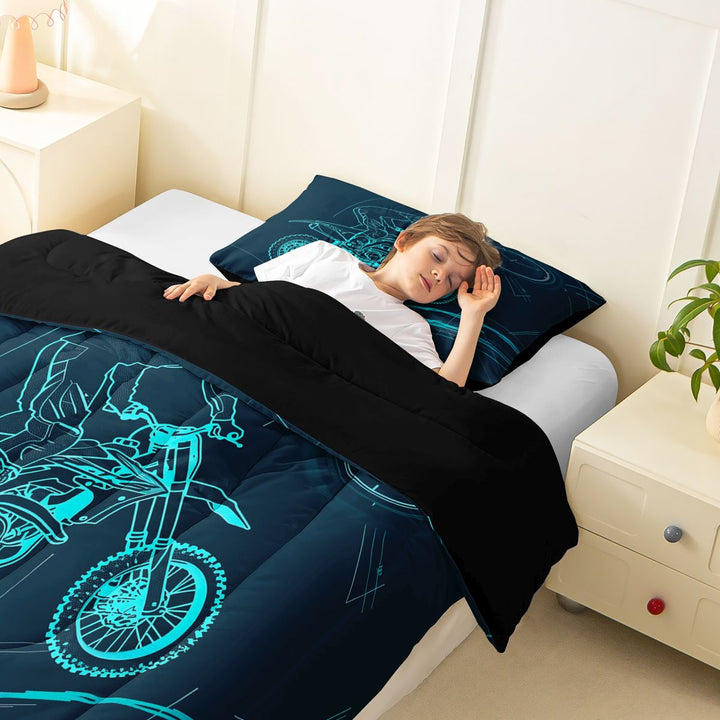 Meiyoeat Dirt Bike Full Size Comforter Sets 3-Piece, Extreme Sport Bedding Comforter Set for Bedroom, Black Blue,Black Reversible