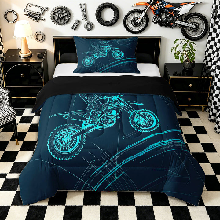 Meiyoeat Dirt Bike Full Size Comforter Sets 3-Piece, Extreme Sport Bedding Comforter Set for Bedroom, Black Blue,Black Reversible