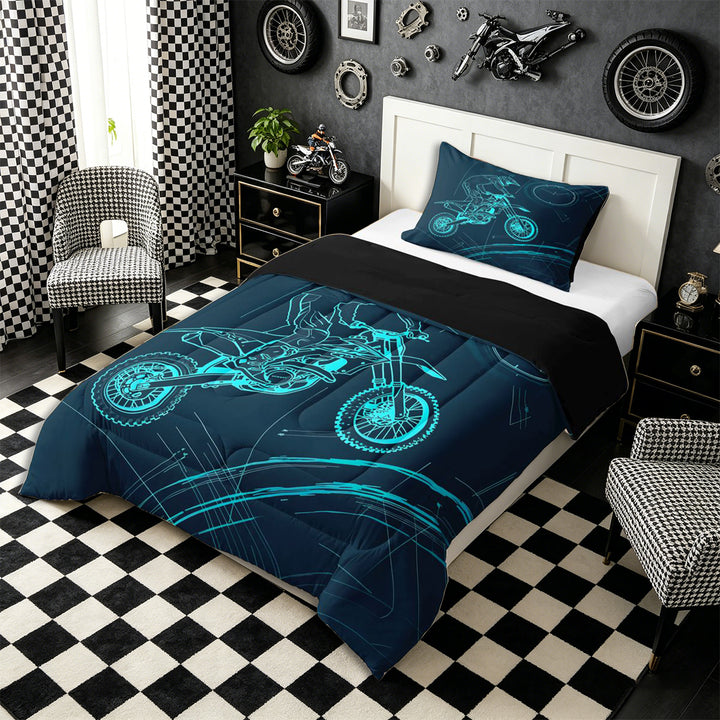 Meiyoeat Dirt Bike Full Size Comforter Sets 3-Piece, Extreme Sport Bedding Comforter Set for Bedroom, Black Blue,Black Reversible