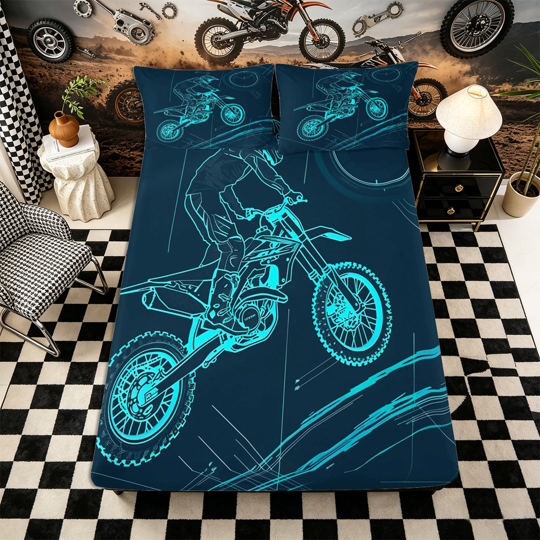 Meiyoeat Dirt Bike Bed Sheets 4-Piece, Extreme Sport Full Size Sheets for Bedroom, Black Blue