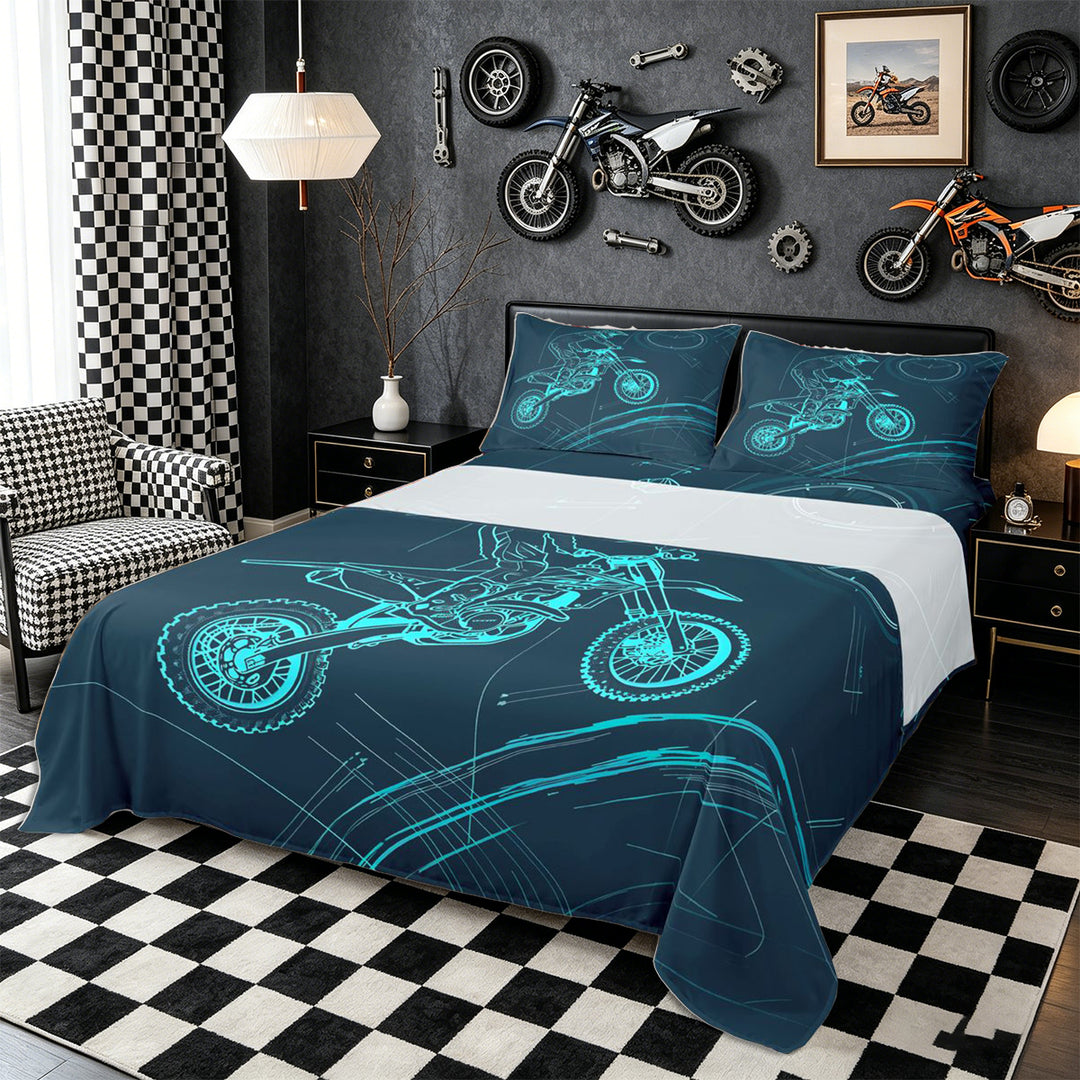Meiyoeat Dirt Bike Bed Sheets 4-Piece, Extreme Sport Full Size Sheets for Bedroom, Black Blue