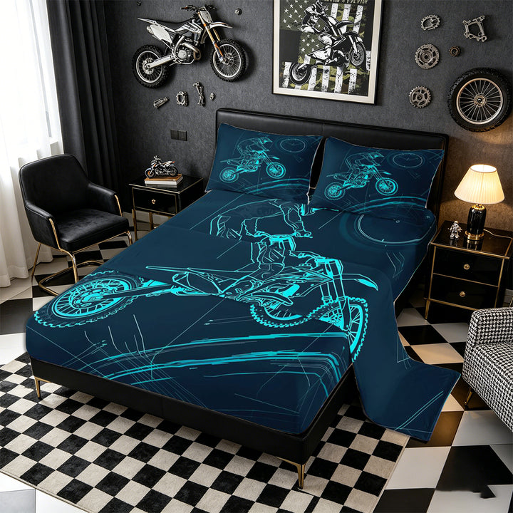 Meiyoeat Dirt Bike Bed Sheets 4-Piece, Extreme Sport Full Size Sheets for Bedroom, Black Blue