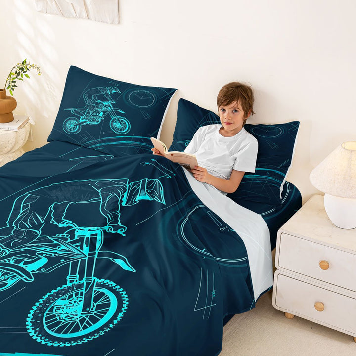 Meiyoeat Dirt Bike Bed Sheets 4-Piece, Extreme Sport Full Size Sheets for Bedroom, Black Blue