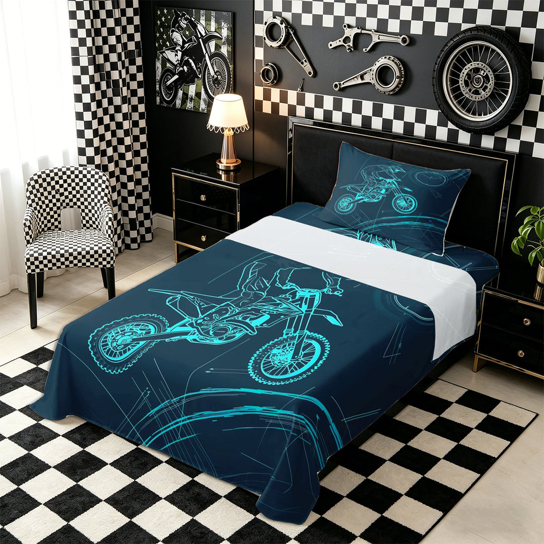 Meiyoeat Dirt Bike Bed Sheets 4-Piece, Extreme Sport Full Size Sheets for Bedroom, Black Blue