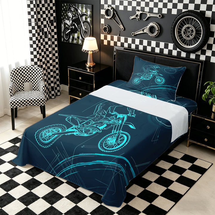 Meiyoeat Dirt Bike Bed Sheets 4-Piece, Extreme Sport Full Size Sheets for Bedroom, Black Blue