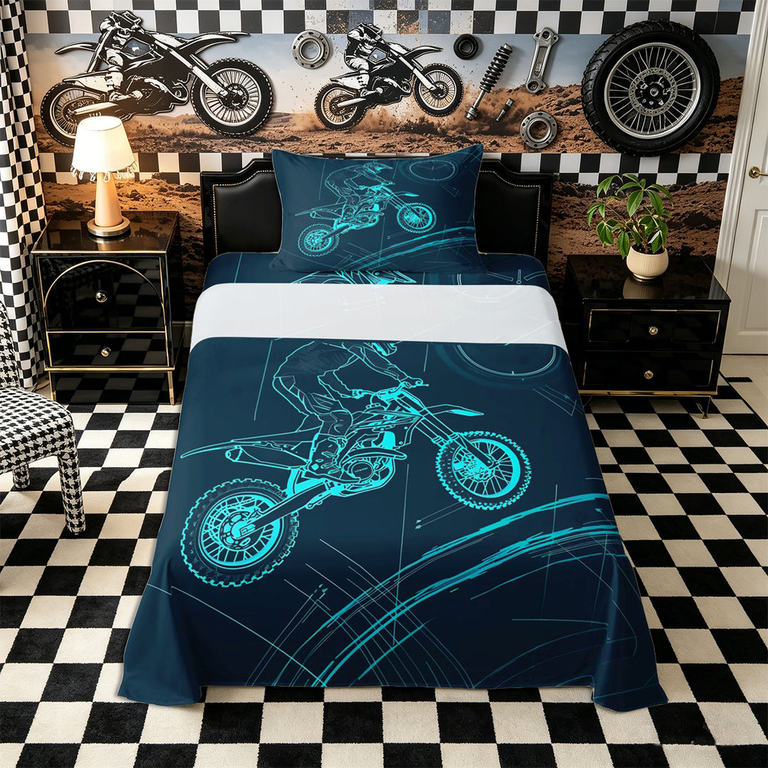 Meiyoeat Dirt Bike Bed Sheets 4-Piece, Extreme Sport Full Size Sheets for Bedroom, Black Blue