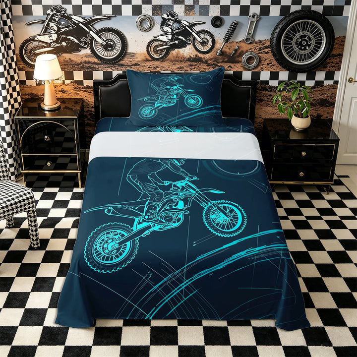 Meiyoeat Dirt Bike Bed Sheets 4-Piece, Extreme Sport Full Size Sheets for Bedroom, Black Blue