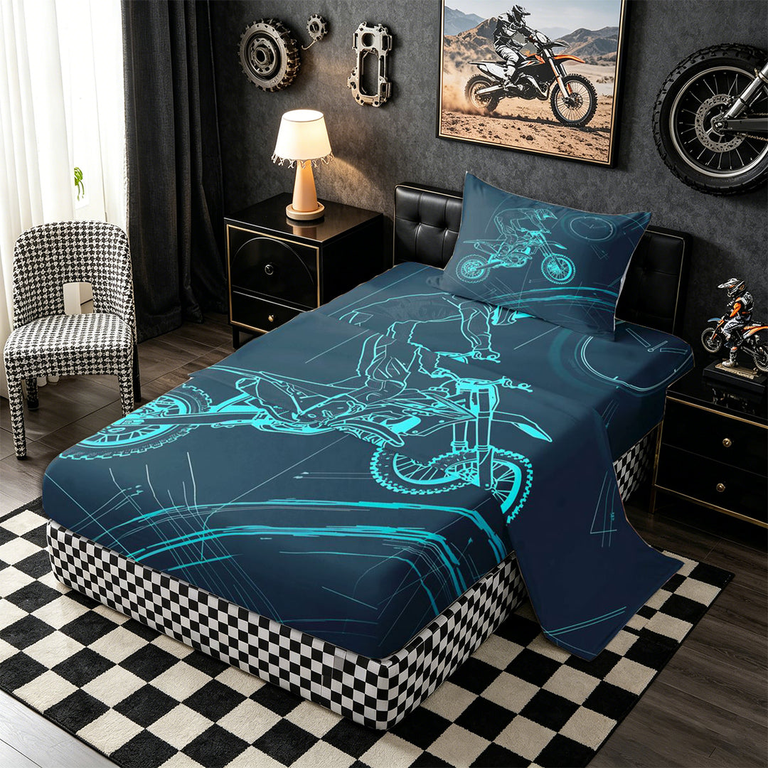 Meiyoeat Dirt Bike Bed Sheets 4-Piece, Extreme Sport Full Size Sheets for Bedroom, Black Blue