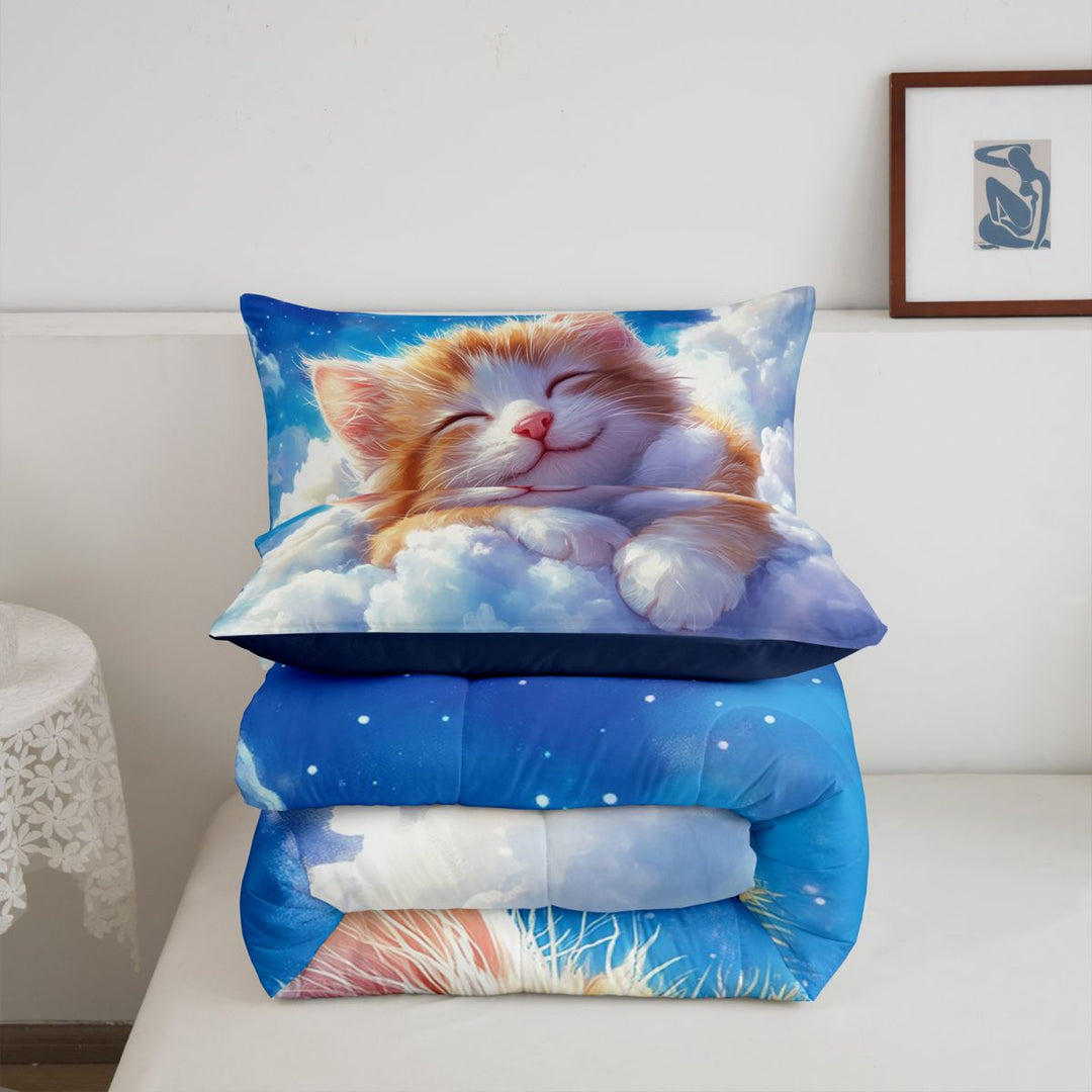 meiyoeat Dreamy Cloud Kitten Full Size Comforter Sets,Orange Cat Print Bedding Comforter Set For Girl,Reversible,3 Pieces,1 Comforter and 2 Pillowcases