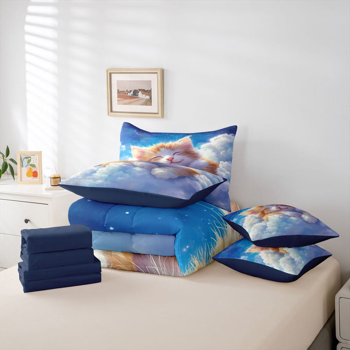 meiyoeat Dreamy Cloud Kitten 7 Pieces Full Size Bedding Sets,Orange Cat Print Full Size Bed in a Bag For Girl,Reversible