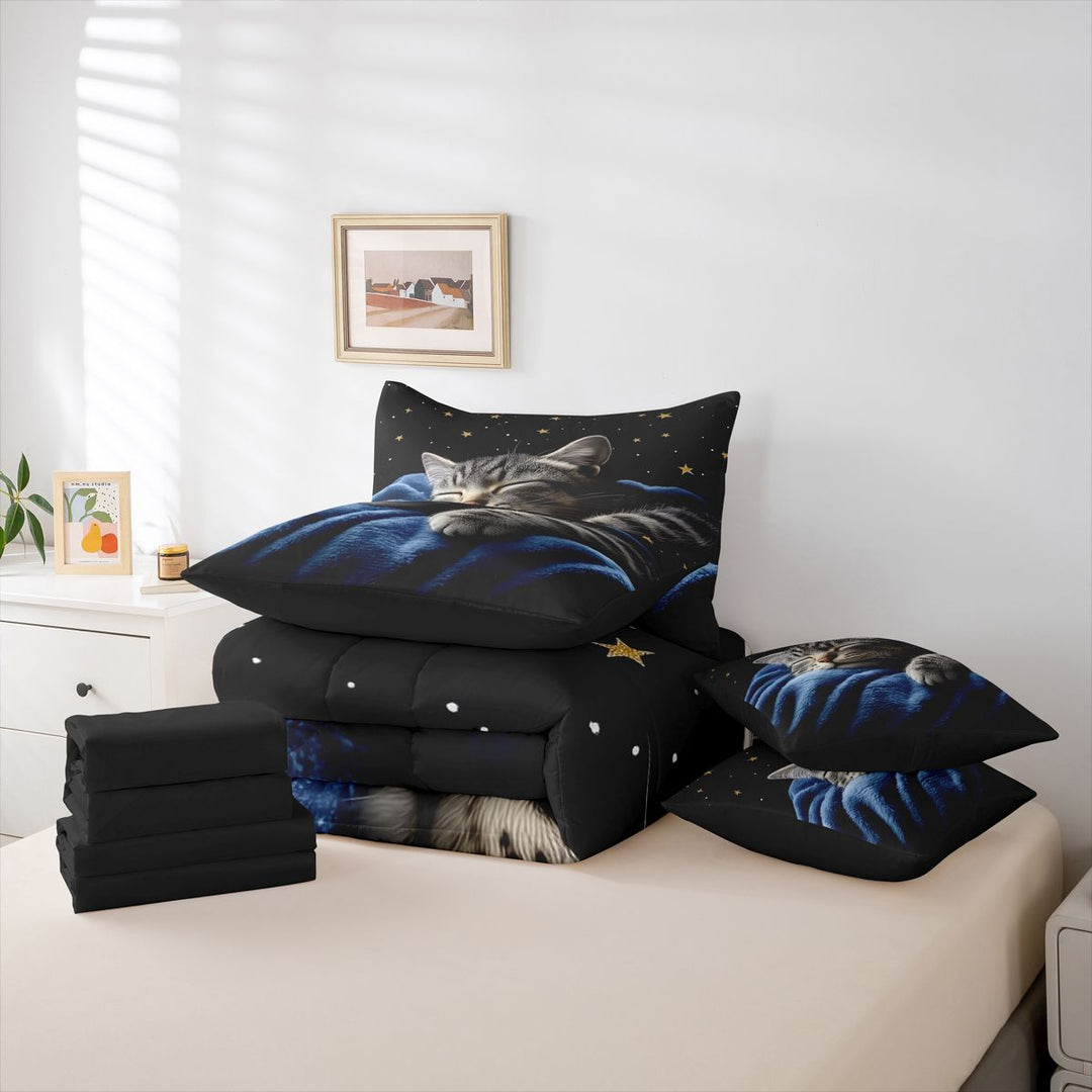 meiyoeat Starry Night Cat 7 Pieces Full Size Bedding Sets,Pet Animal Print Full Size Bed in a Bag For Girl,Reversible