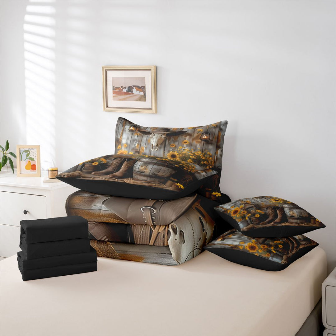 meiyoeat Rustic Cowboy Style 7 Pieces Full Size Bedding Sets For Boys,Cute Floral Sunflower Full Size Bed in a Bag,Reversible
